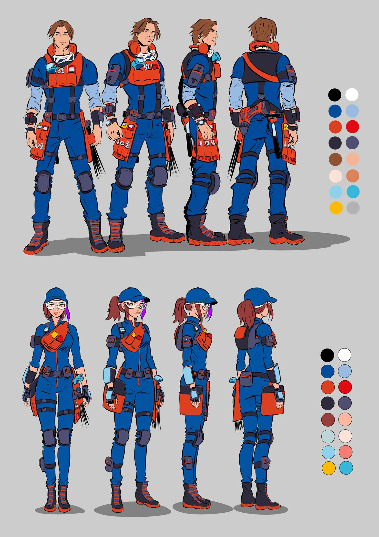 Full character design board with color palette