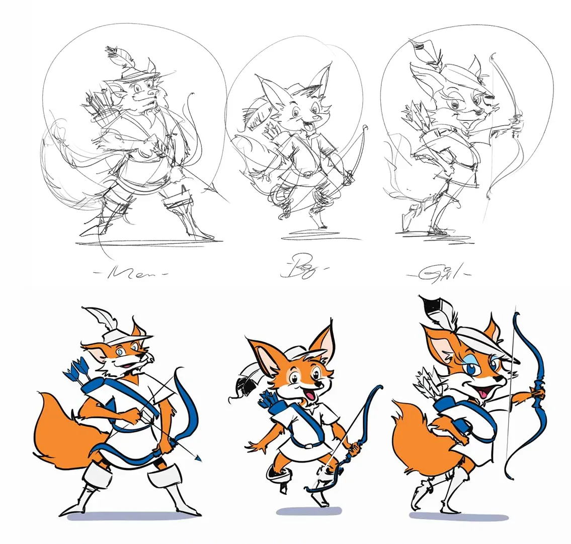 Fox character development from sketch to final